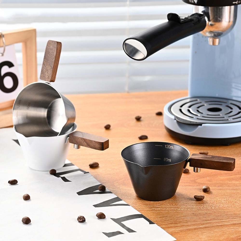 Sizikato 2 Pcs Stainless Steel Sauce Pitcher with Wooden Handle, 4oz Creamer Serving Pitcher for Tea Coffee