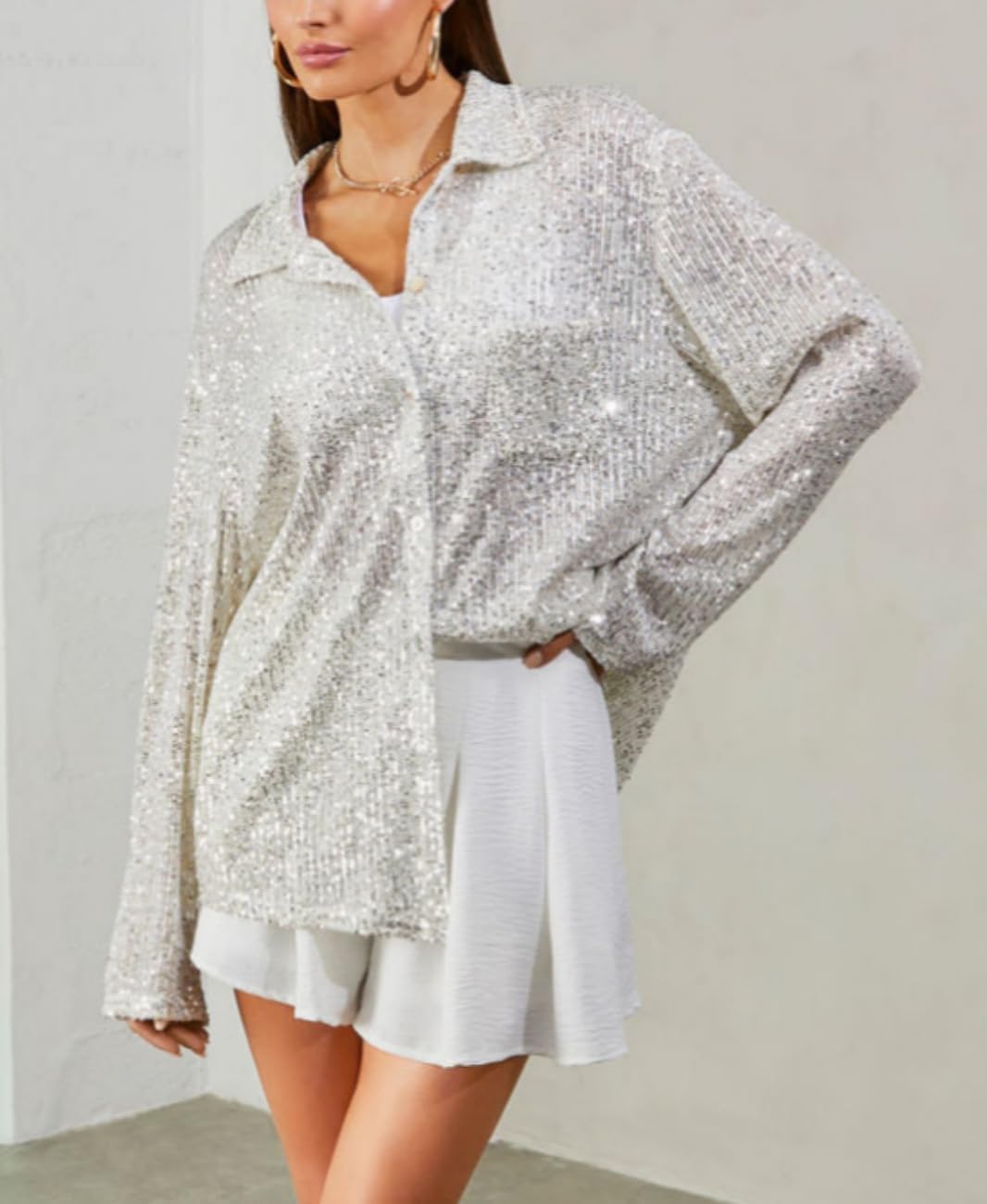 Sequin Button Front Shirt Women’s Dinner Blouse Silver Sequin Tops Sparkly Button Up Shirt Collared Long Sleeve Blouse - Image 3
