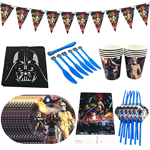 Hilloly Star Wars Vaisselle de Fête Décorations Star Wars Anniversaire Vaisselle Set Assiette Serviette Gobelet Fanion Couteau Fourchette Cuillère Fête Fournitures
