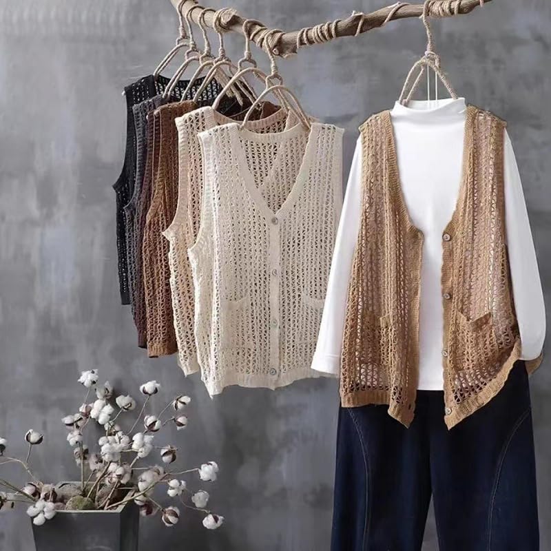 Gilet Donna, Canotta all'Uncinetto Donna Morbido Cotone Bottoni sul Davanti Senza Maniche Cardigan Estivo Traforato Canotta Casual Maglia Leggera Copricostume per L'Uso Quotidiano e Feste