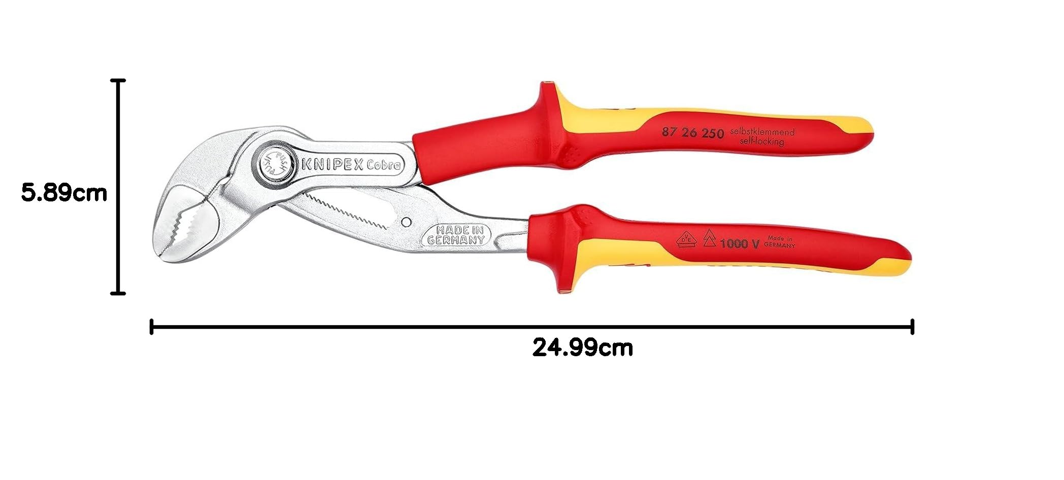 KNIPEX Cobra VDE Pinza regolabile di nuova generazione per tubi, 87 26 250 | e dadi, isolata cromata isolati con manici rivestiti in materiale