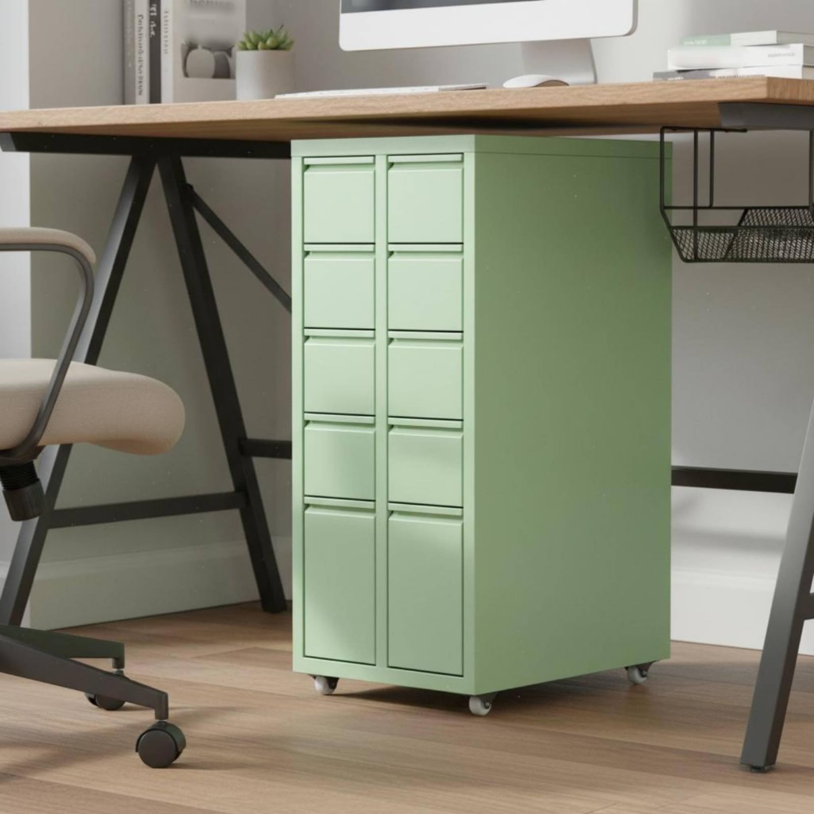 Cajonera de Almacenamiento con Cajones Mueble de Archivo Gabinete Metálico Gabinete Bajo Escritorio en Acero Laminado en Frío Mantiene el Escritorio, Verde