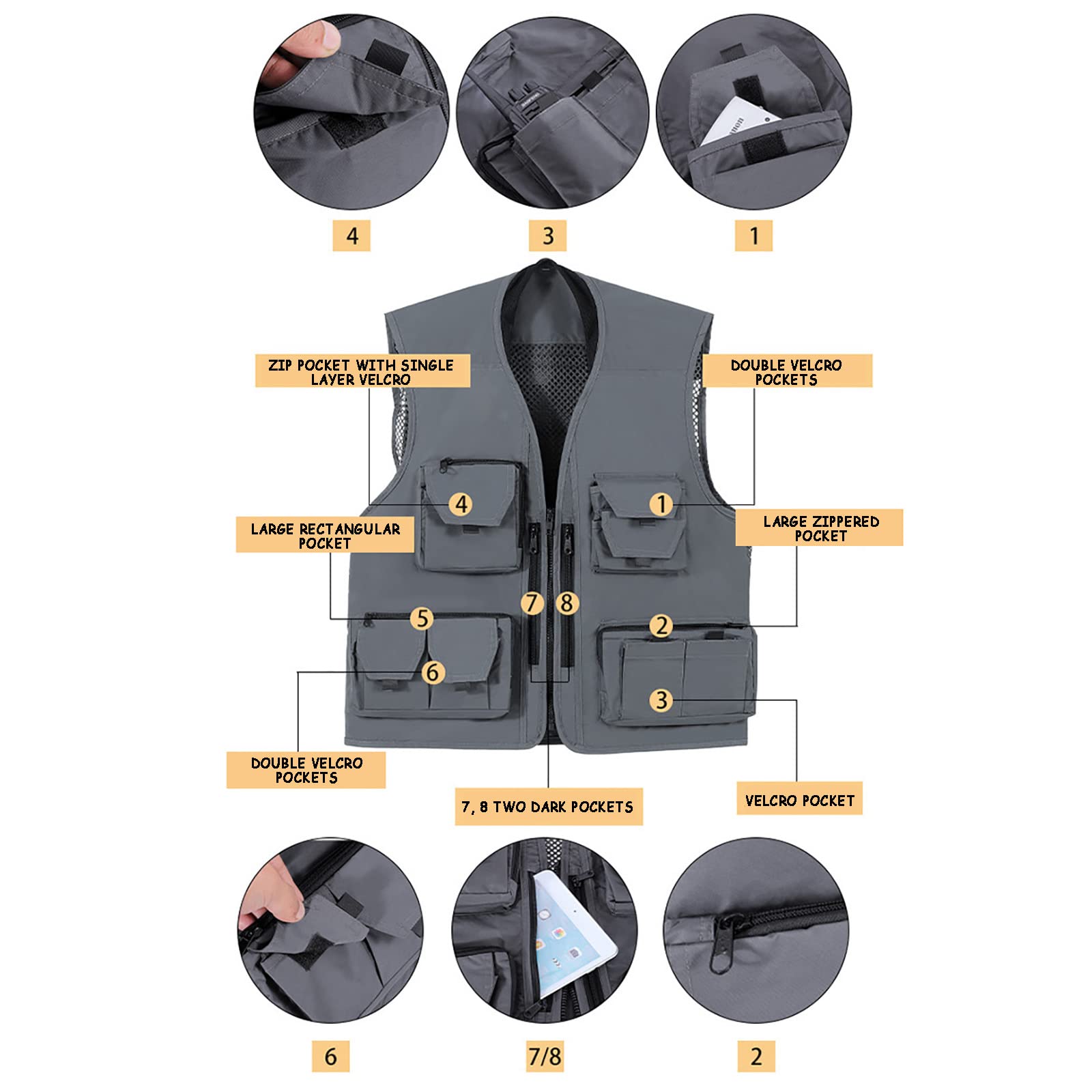Mire Gilet de Pêche en Plein Air pour Hommes Multi-Poches Engrener Travail Gilets pour Photographie Camping Chasse(Size:3XL,Color:Le Noir)