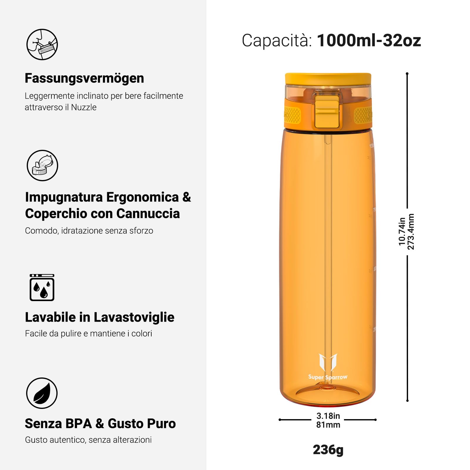 Super Sparrow Borraccia - TouchSip Sportiva Bottiglia - 500ml/750ml/1L - Tritan Senza BPA, a Prova di Perdite - Borracce con Cannuccia Ideale per Scuola e Sport