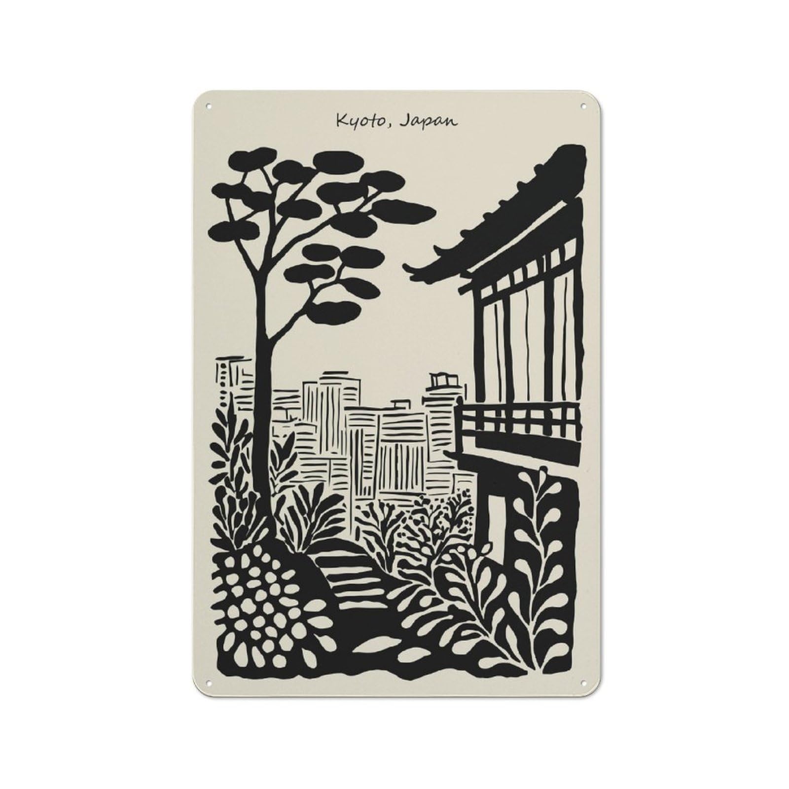 Kyoto, Japan Illustration Farmhouse Metal Sign 30x20cm, Rustic Country Wall Plaque for Farmhouse Kitchen, Pantry Or Dining Area