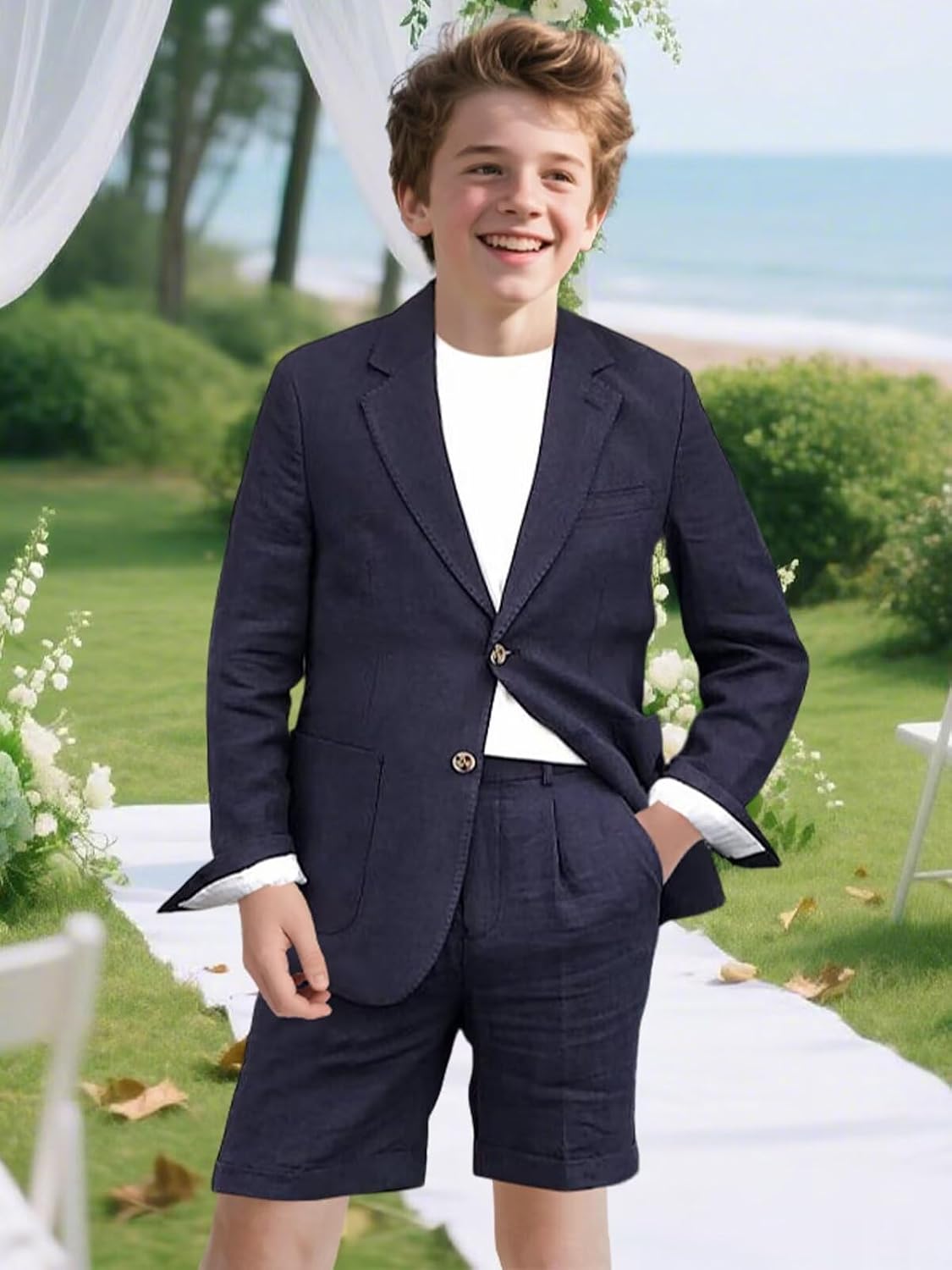 Boys Linen Suit 2 Piece Casual Slim Fit Suits Summer Wedding Tuxedo for Toddler Kids Boys Prom Party Set