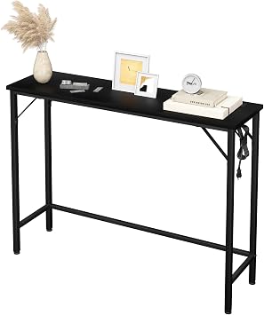 Console Table with Power Outlet, 39.4" Narrow Sofa Table with USB Ports Industrial Entryway Table, Sofa Table Thin Behind Couch Table for Entryway, Hallway, Foyer, Living Room, Black