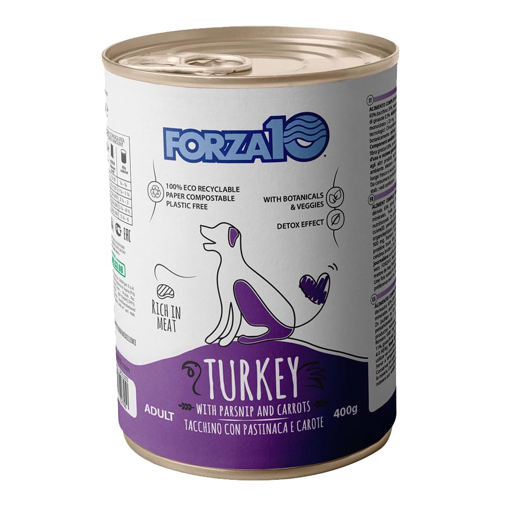Tacchino,Pastinaca e Carote– Forza10 Cibo Umido per Cani Adulti di tutte le Taglie e Razze, Monoproteico, 12 Lattine x 400g, Alimento Completo Ricco in Carne.