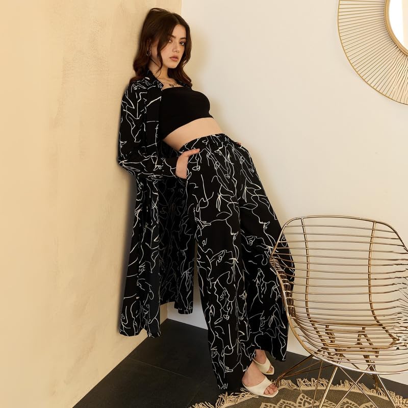 Image of Berrylush Women Spread Collar Neck Longline Top & Elastic Waist Trousers Co-Ord Set