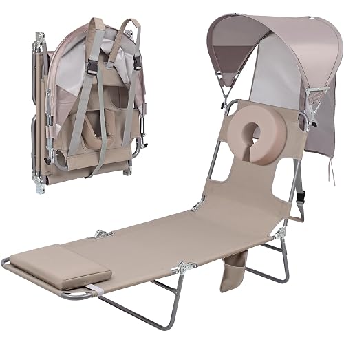 Backpack Beach Tanning Lounge Chair with Canopy Shade Face Hole Padded Adjustable Washable, 6 Position Layout Chair for Outside Sunbathing Poolside Lawn, UPF 50+ Wind-Resistant Sun Shade, Patented
