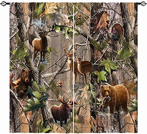ANHOPE Rustic Blackout Curtains, Camouflage Hunting Deer Bear Elk Bird Duck Realtree Retro Forest 3D Pattern Rod Pocket Thermal Insulated Window Drapes for Bedroom Living Room 2 Panels W29.5 x L65