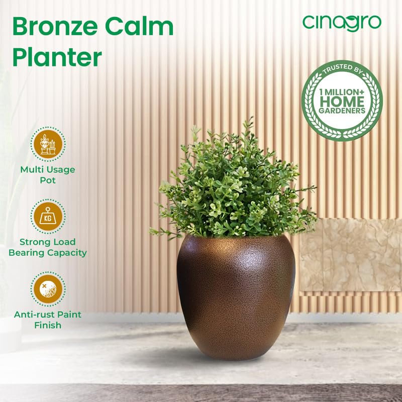 Image of CINAGRO Metal Planter Pot for Indoor Plants, Round Decorative Flower Pot, Rust-Resistant, Modern Plant Holder for Home, Balcony, Office (13.97 x 12.7 cm, Bronze Calm)