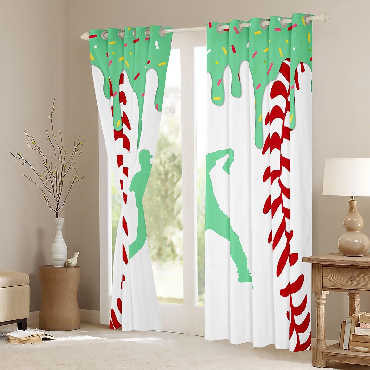 Homewish Baseballowe zasłony okienne z lodami, 132 x 160 cm, 2 zestawy paneli – zasłony zaciemniające do gier baseballowych, zielone sportowcy, sylwetka, zasłony okienne, słodkie cukierki, deser