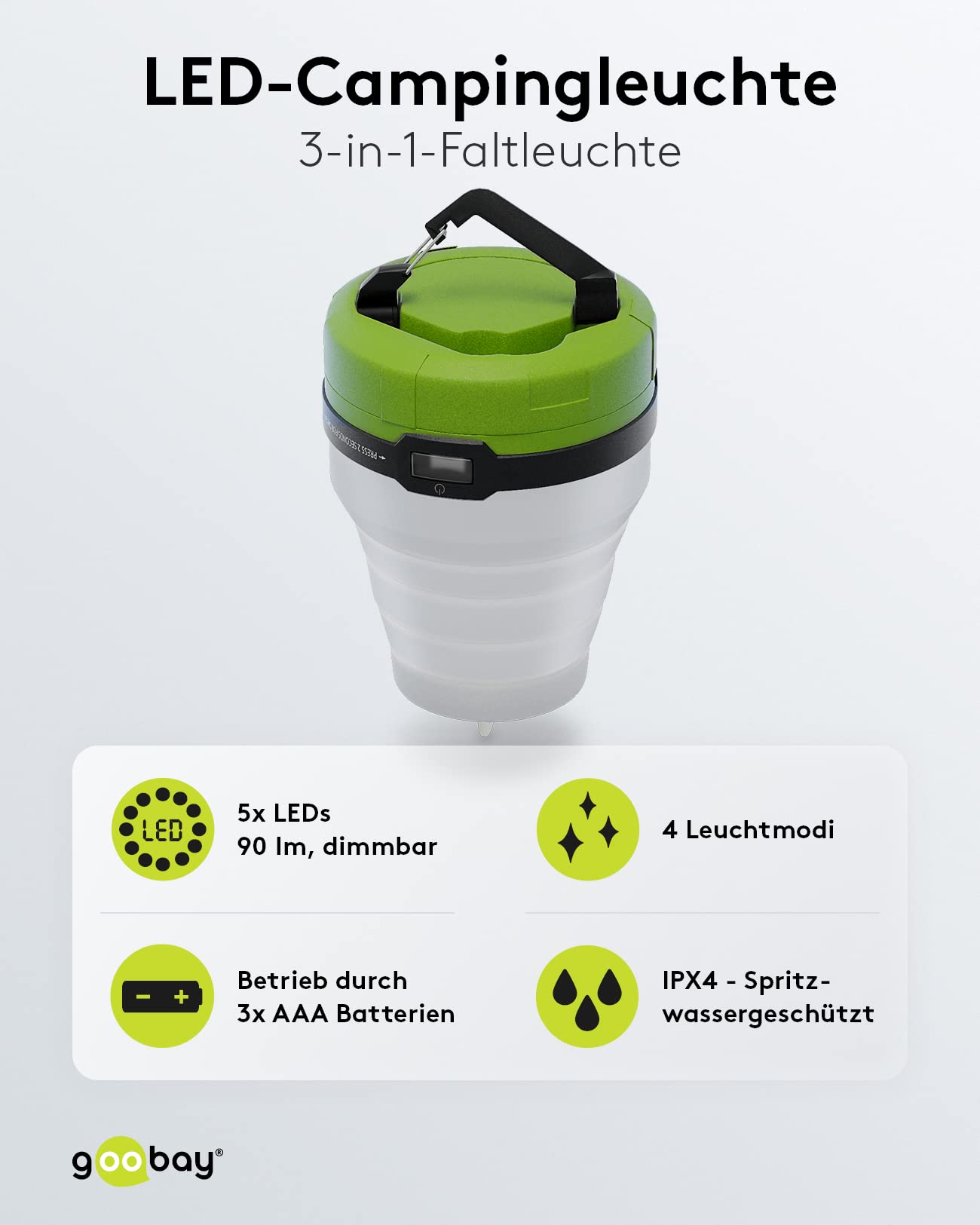 goobay 58392 LED lampa kempingowa / 1 W / 3 w 1 składana / strumień świetlny 90 lm / lampa wisząca / latarka LED / lampka nocna na kemping i aktywności na świeżym powietrzu / obowiązkowa pozycja na