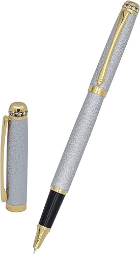 Miniatura 4 de Gullor Pluma estilográfica, cuerpo esmerilado con borde dorado, recargable, incluye convertidor de tinta, punta extrafina (0.015 in), blanco
