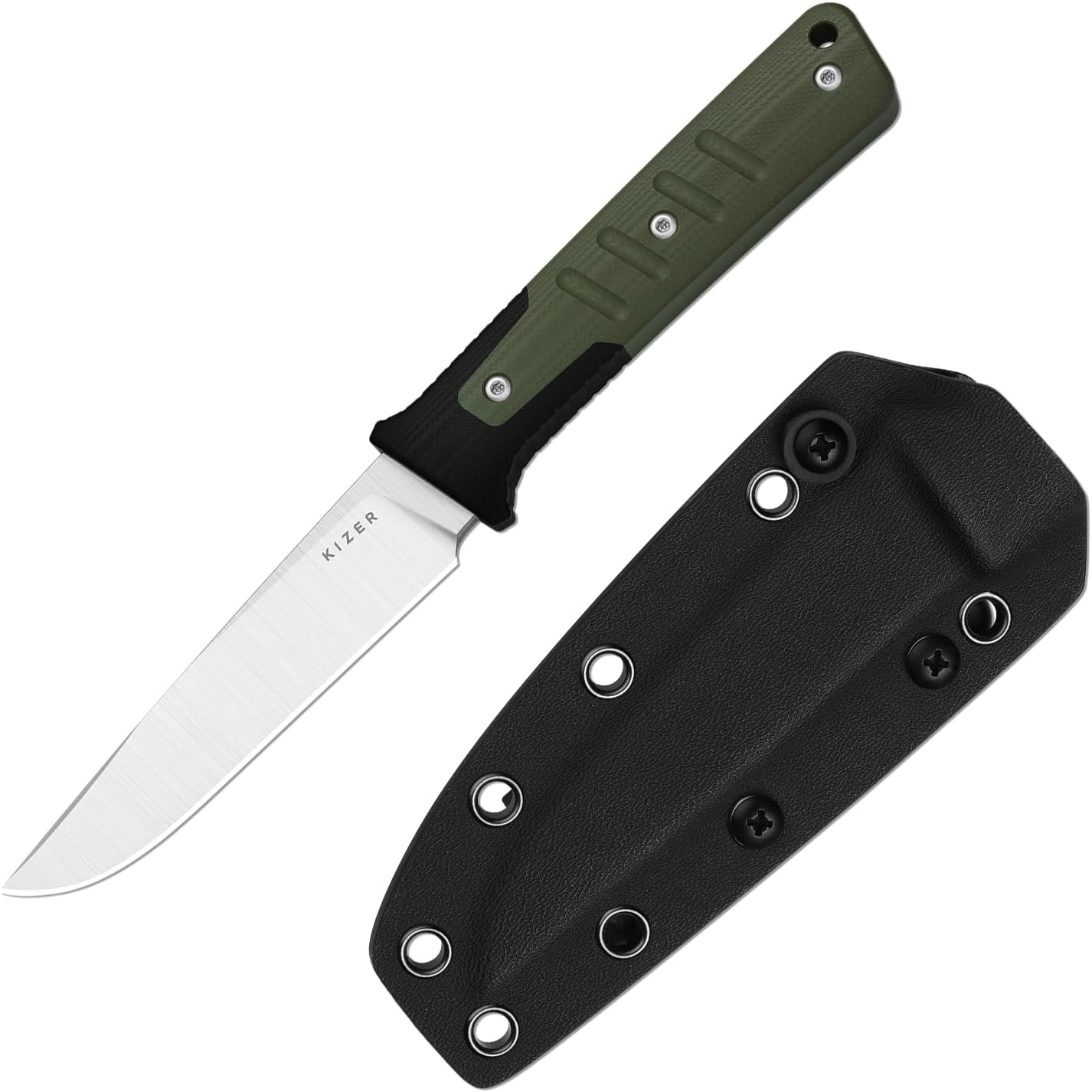 Kizer Area Eight Fixed Blade Knife, 4.23" AEB-L Tactical Knife with Green & Black G10 Handle, Fixed Blade Hunting Knife with Satin Finished & Sheath for Outdoor Camping Survival 1113A1