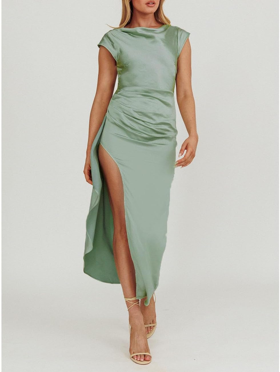 Summer Satin Cap Sleeve Cowl Back Maxi Dresses for Women Elegant Backless Ruffle High Split Tie Back Cocktail Dress - Image 3