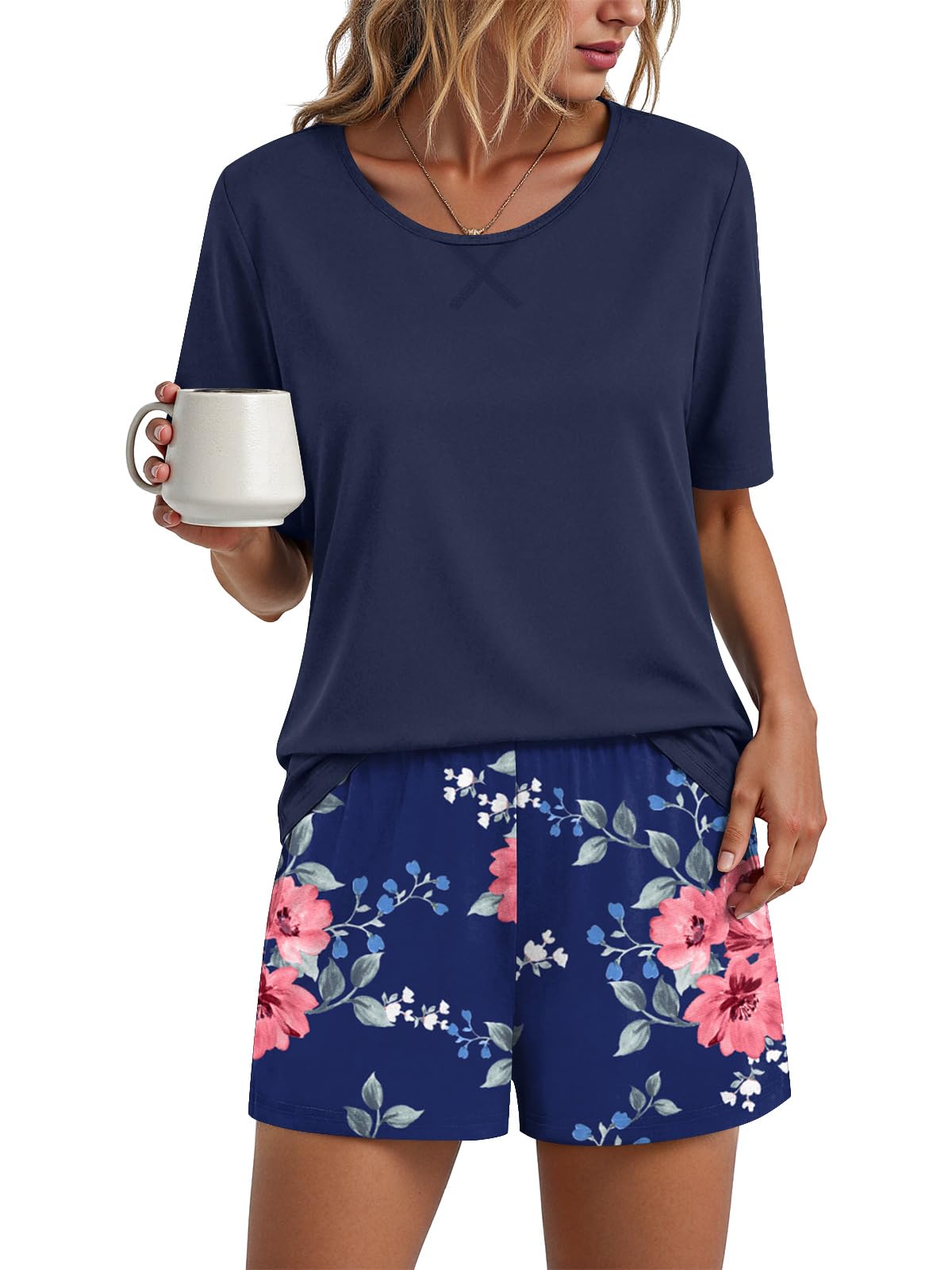 Findsweet Pajama Set for Women 2 Piece Lounge Set Soft Sleepwear Summer Casual Short Pjs Sets with Pockets M-3XL