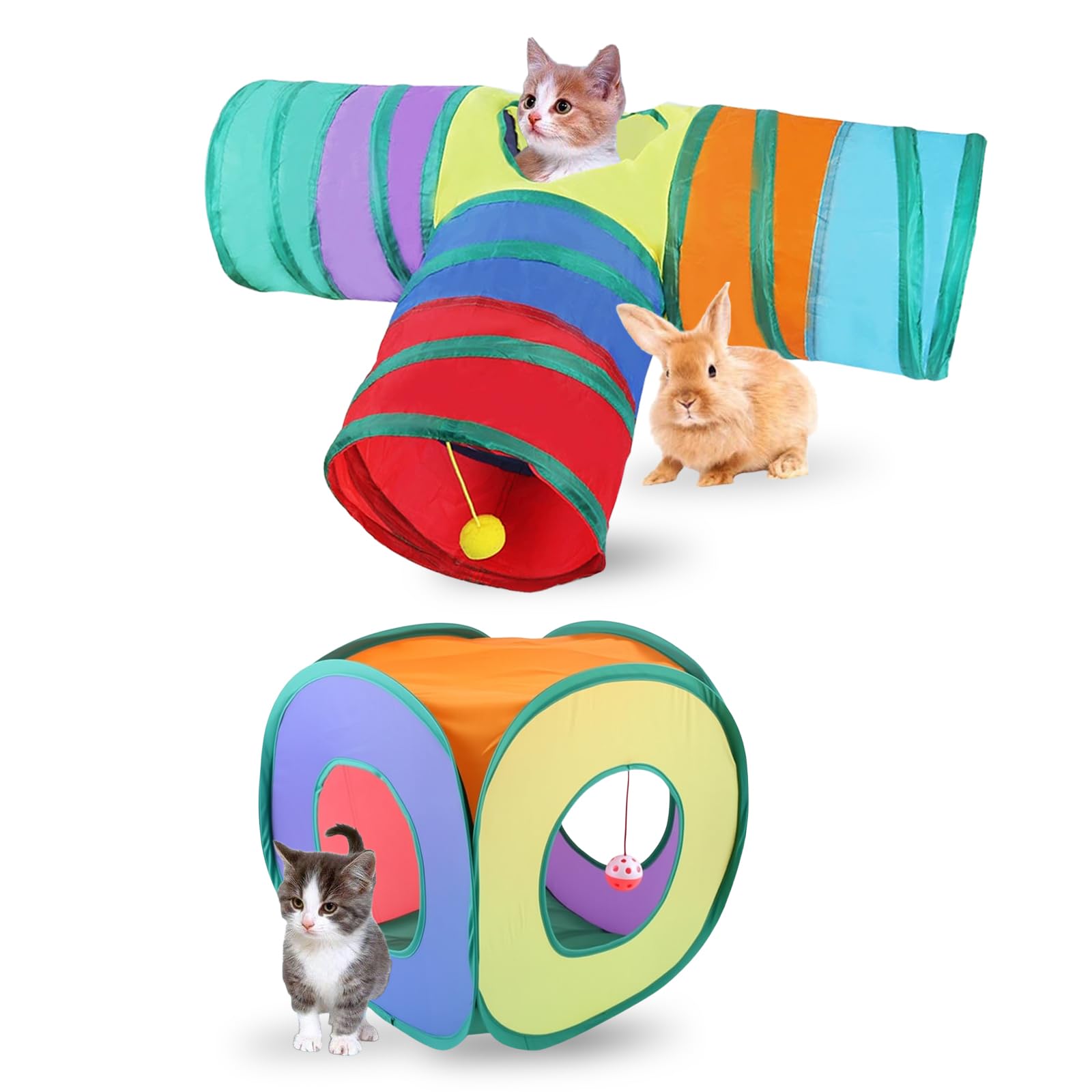 2 PCS Rainbow Cat Tunnel, 3-Way and Cube Foldable Pet Play Tunnel Pop Up Cat Tunnels Interactive Cats Tunnels for Pet Puppy Kitten Rabbit Rolling Channel
