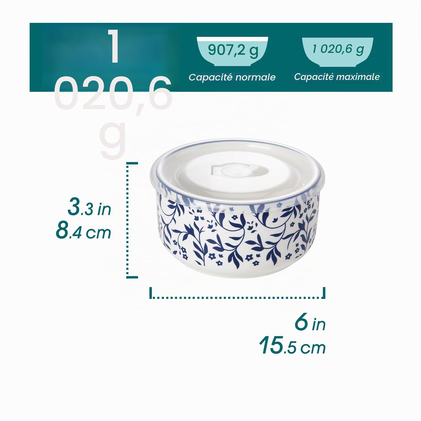 vancasso SELENE - Lot de 4 Boite Repas en Céramique 1080ml, Boîtes de Conservation Alimentaire, Boite Hermétiques pour Céréales, Salade, Soupe, Ramen, Micro-ondes et Congélation - Bleu et Blanc