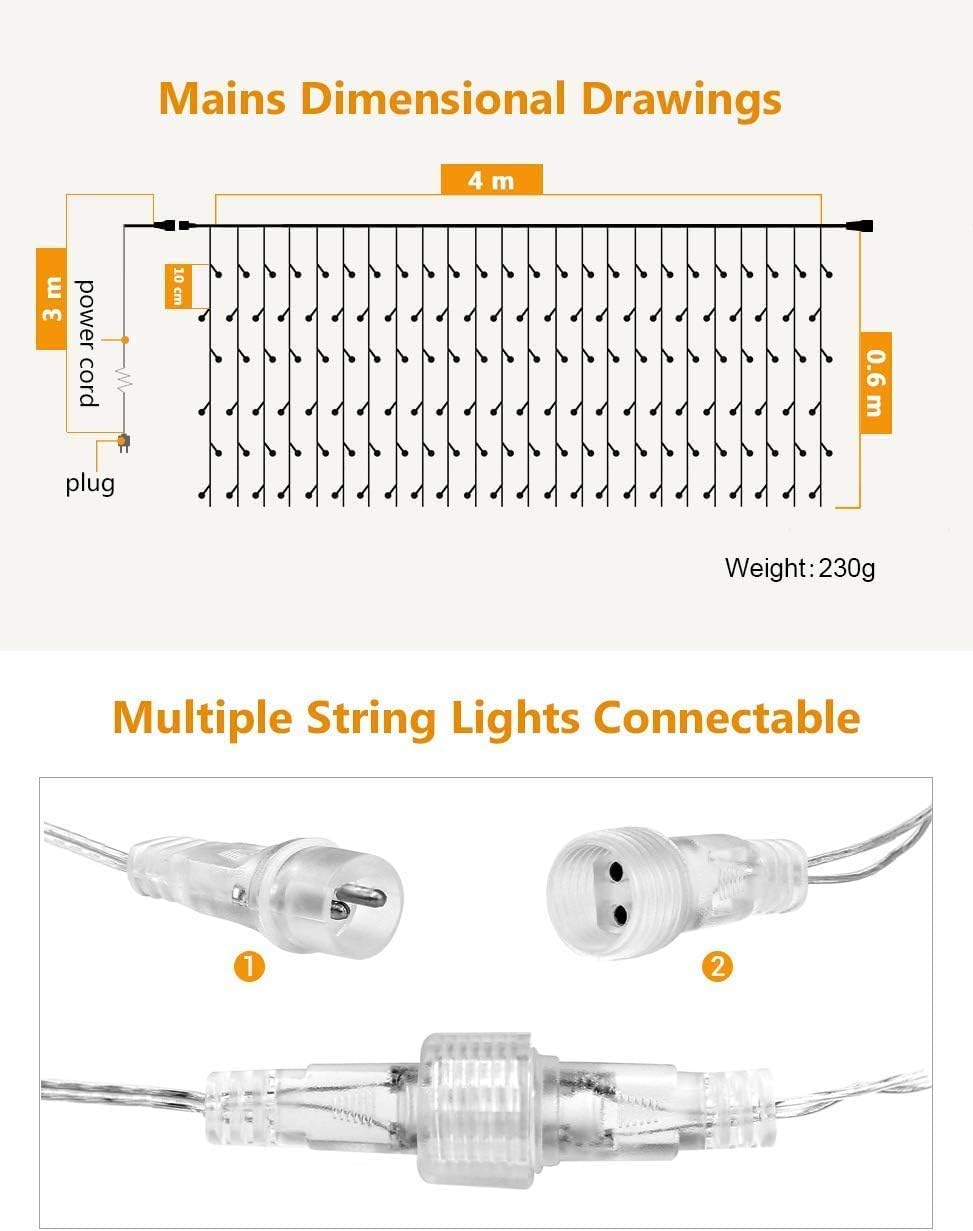 Quntis Erweiterbar 144 LED 4m×0,6m Lichtervorhang Eisregen Außen, IP44 Lichterkettenvorhang Warmweiß, Weihnachtsdeko Innen Fenster, Eiszapfen Regenlichterkette, Weihnachtsbeleuchtung Balkon Terrase
