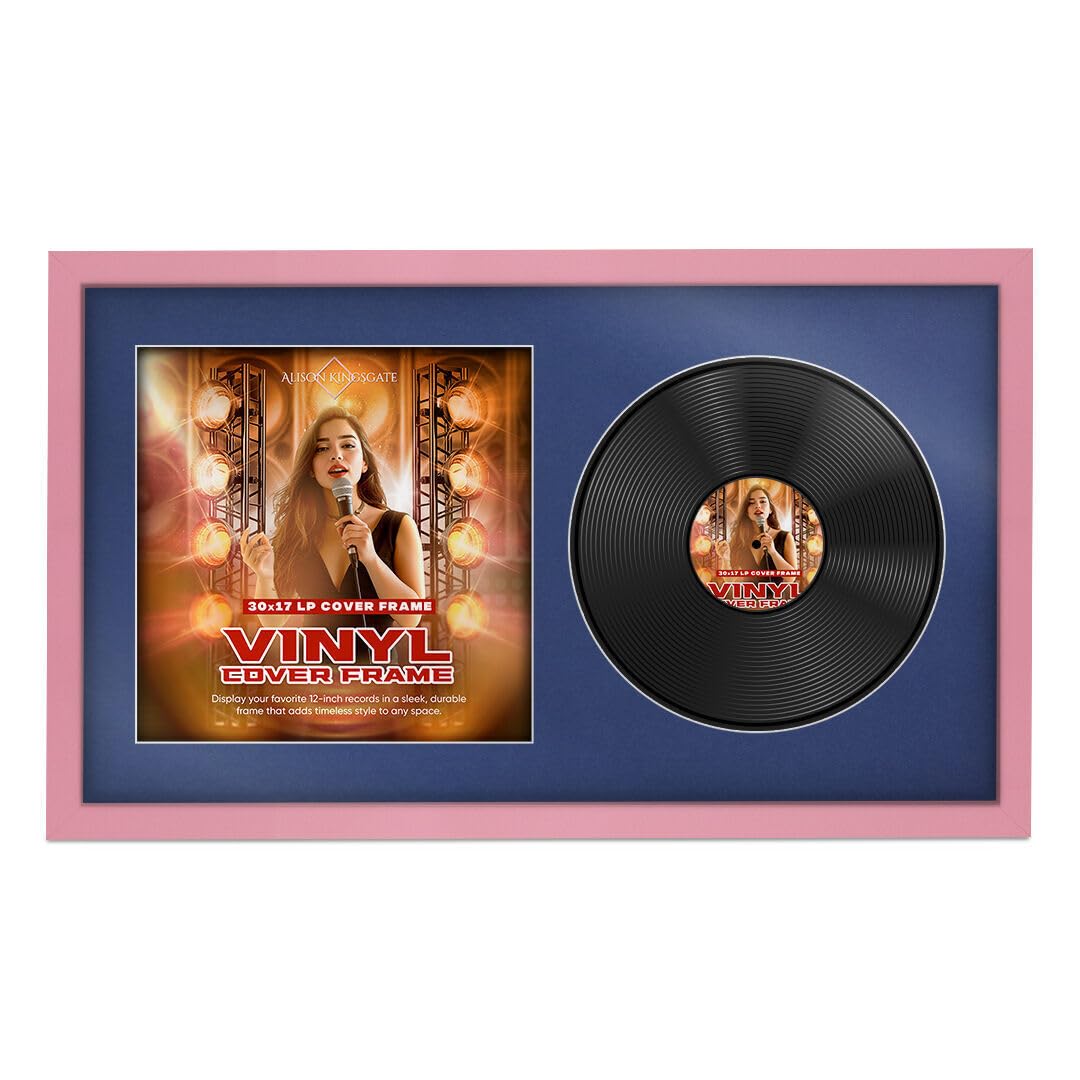 Alison Kingsgate 30×17” Pink Vinyl Record Frame- Fits 12” LP Cover & Disc - Engineered Wood with Shatterproof Perspex - Stylish Sleek Display for Your Home or Music Collection - Blue Mount