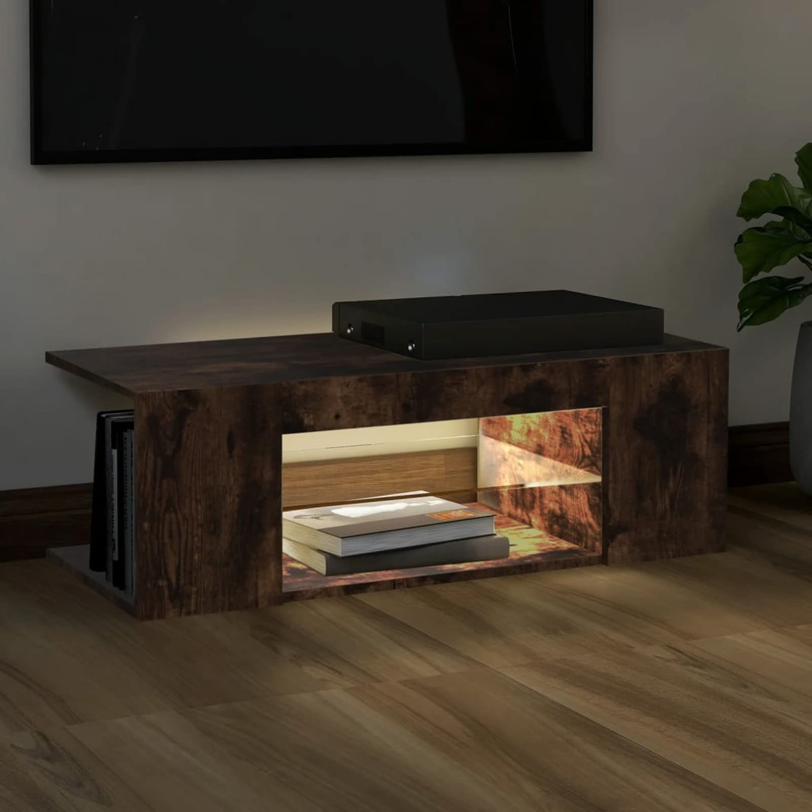 Homgoday Stolik pod telewizor ze światłami LED Dąb dymny 90 x 39 x 30 cm, szafka pod telewizor salon jadalnia stół kawowy telewizor sprzęt muzyczny szafa meble telewizor meble meble