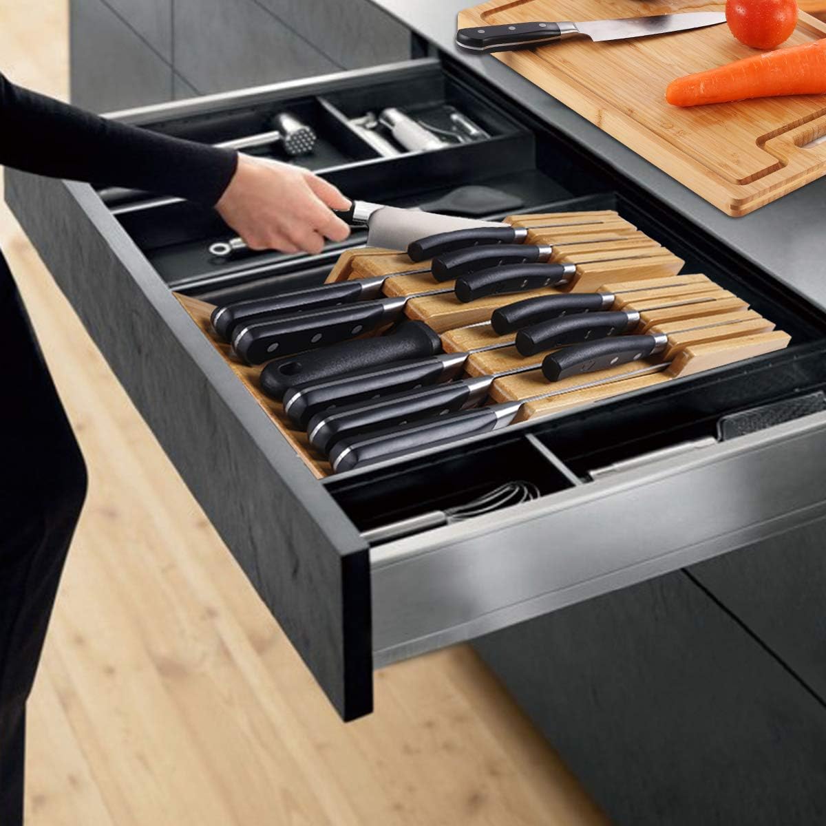NIUXX Bamboo In-Drawer Knife Block Set for 12 Knives(Not Included), Large Kitchen Detachable Washable Cutlery Slot Organizer Storage Holder for Sharpening Steel and Cutter - Image 6