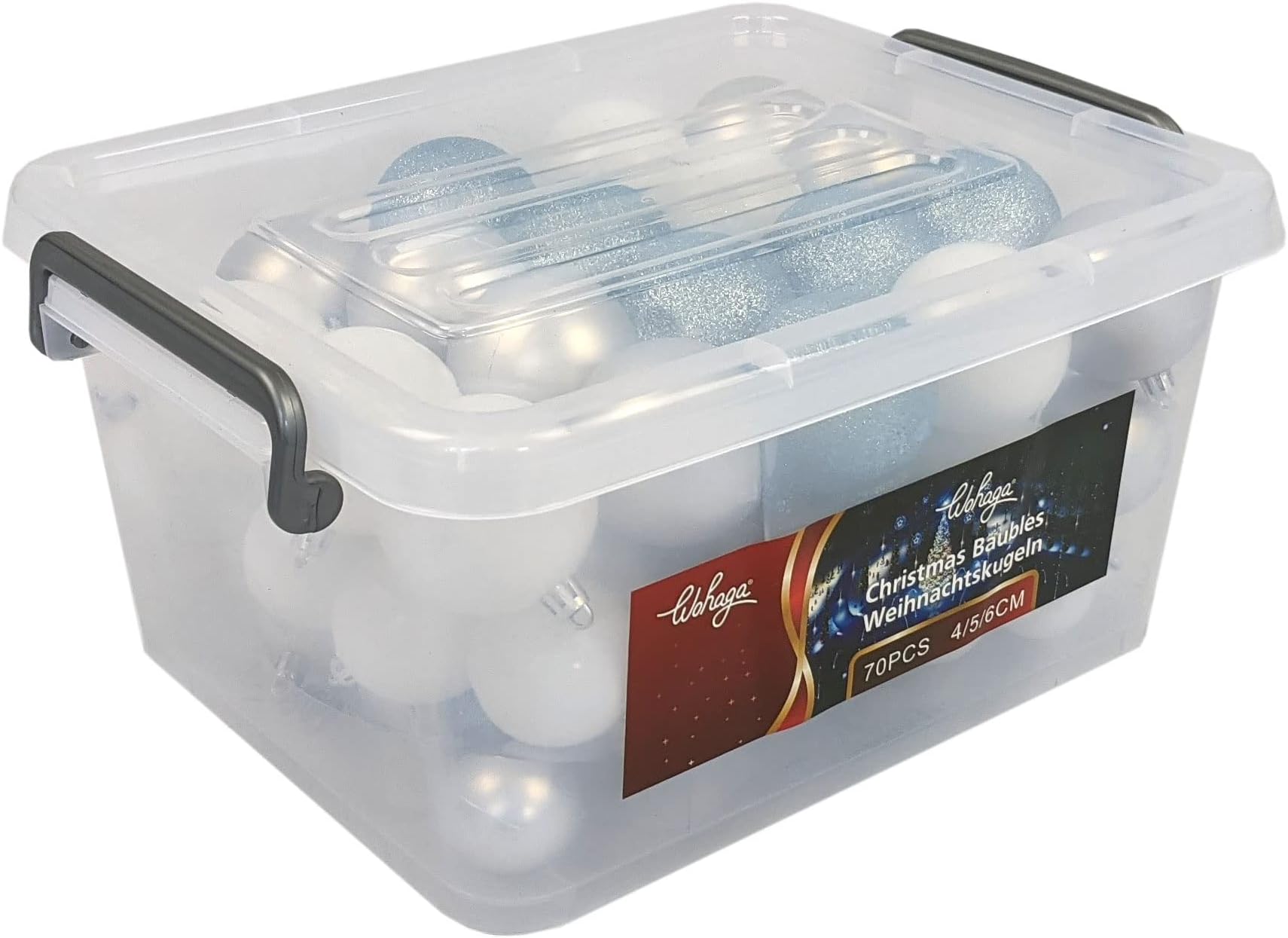 Wohaga Set of 70 Christmas Baubles in Transport Container Christmas Tree Decorations Christmas Tree Baubles Colour: Ice Blue Mix