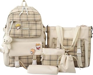 5Pcs Canvas School Backpack Combo Set, Kawaii School Backpacks for Girls Student, Cute Aesthetic Backpack Small Canvas Tote Bags Kawaii Accessories Backpack for School