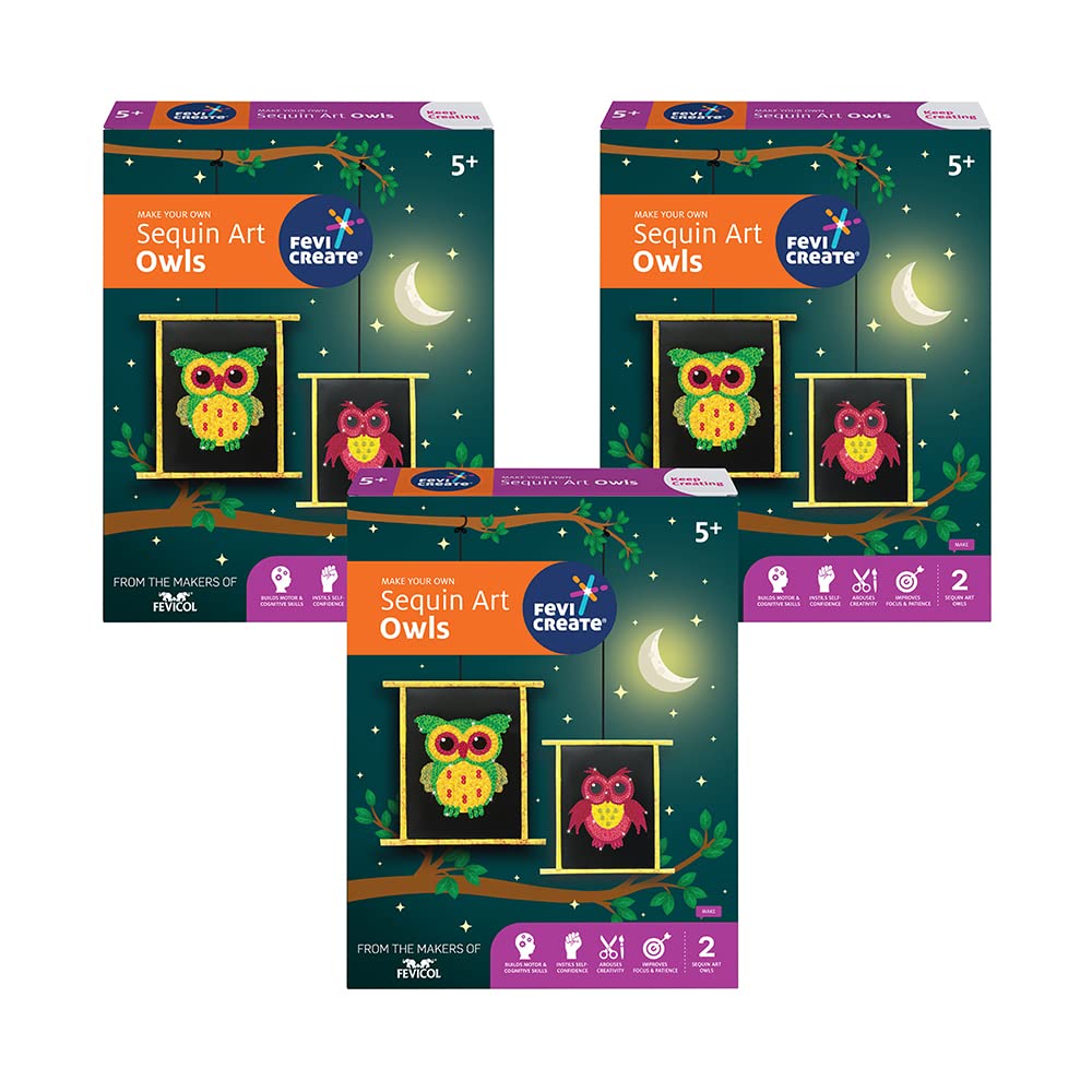 Fevicreate DIY all-in-one art and craft kit sparkly sequin art owl kit easy frames to make craft materials include 5 colourful sequins, ribbons, instruction manual birthday gift for 5+ years, Pack of 3 (B0BHSCB7YD) Amazon Price History, Amazon Price Tracker