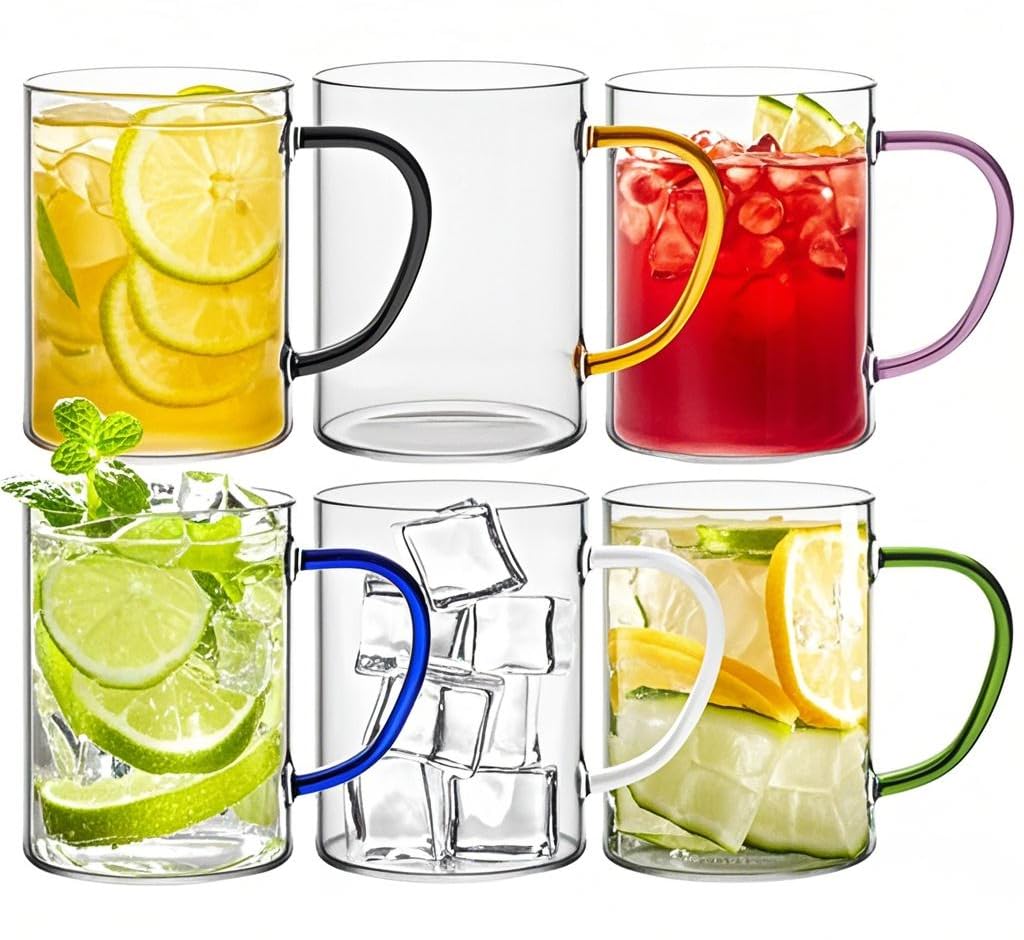 NING GANG Clear Drinking Glasses Cups Mugs Set 380ml/13oz Different Coloured Cup Handles Used for Home Party to Drink hot Milk Tea and Coffee Set of 6