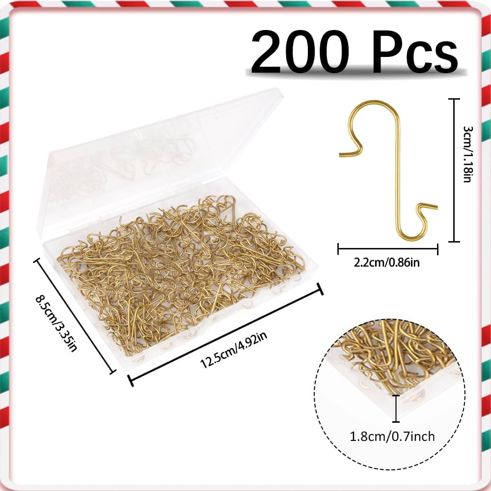 Ornament Hooks, 200Pcs Gold Christmas Ornament Hooks for Christmas Trees 1.2" Mini Christmas Tree Hooks with Storage Box Metal Ornament Hangers Xmas Hanging Hooks for Christmas Tree Decor Party Balls - Image 3