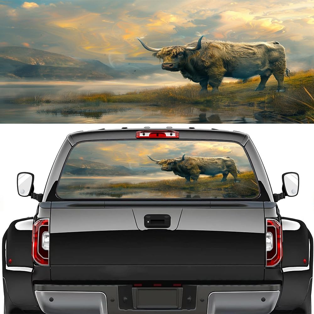 Rustic Cow Truck Rear Window Graphic Decals, Animal White Daisy Flower Pickup Car Window Stickers Truck Back Window Film Decal for Trucks SUV 66 x 22 inch