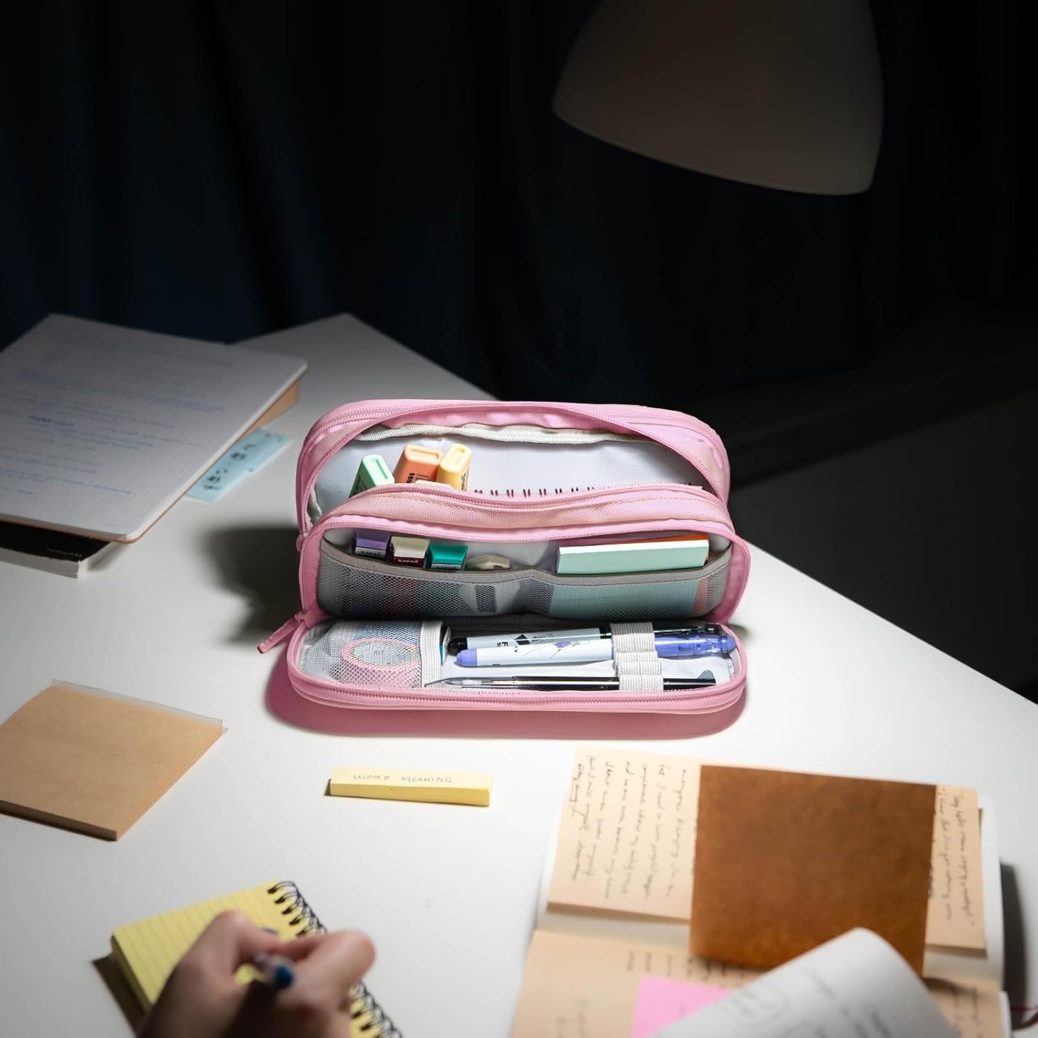 Large Pencil Case, Big Capacity Pencil Pouch with 4 Compartments, Multiple Pockets, Portable Handle Pencil Bag with Zipper, Organizer for Office College Student Teen Girls Boys (Light Pink)