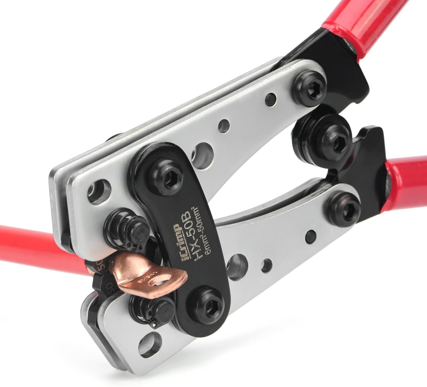 iCrimp - Juego de alicates para cables de batería, alicates para zapatos de cobre robustos y conectores planos, alicates de conexión a tierra de 6-50 mm² con cortador de alambre y cuchilla pelacables