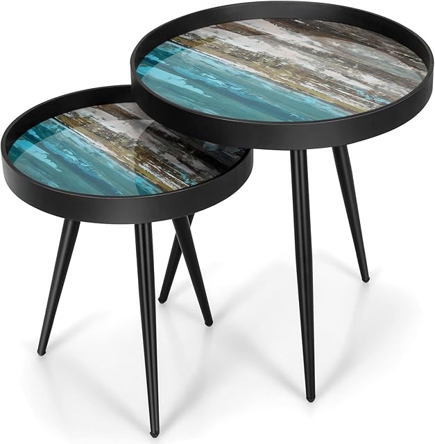 COSTWAY Set of 2 Nesting Tables, Round Stackable Side Coffee Table with Tray Top and Steel Legs, Modern Nightstand Sofa End Table Accent Snack Tea Desk for Living Room, Bedroom and Balcony