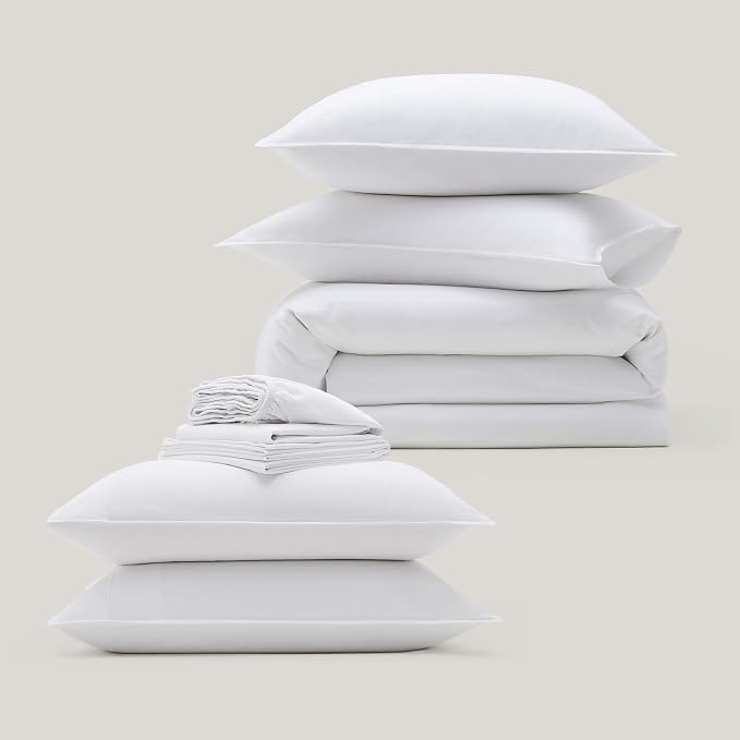 Double Stitch Organic Cotton King Bundle: 4-Piece Sheet Set & 3-Piece Duvet Cover, 300 TC Sateen Weave, GOTS Certified Long Staple Cotton, Made in India, Pure White