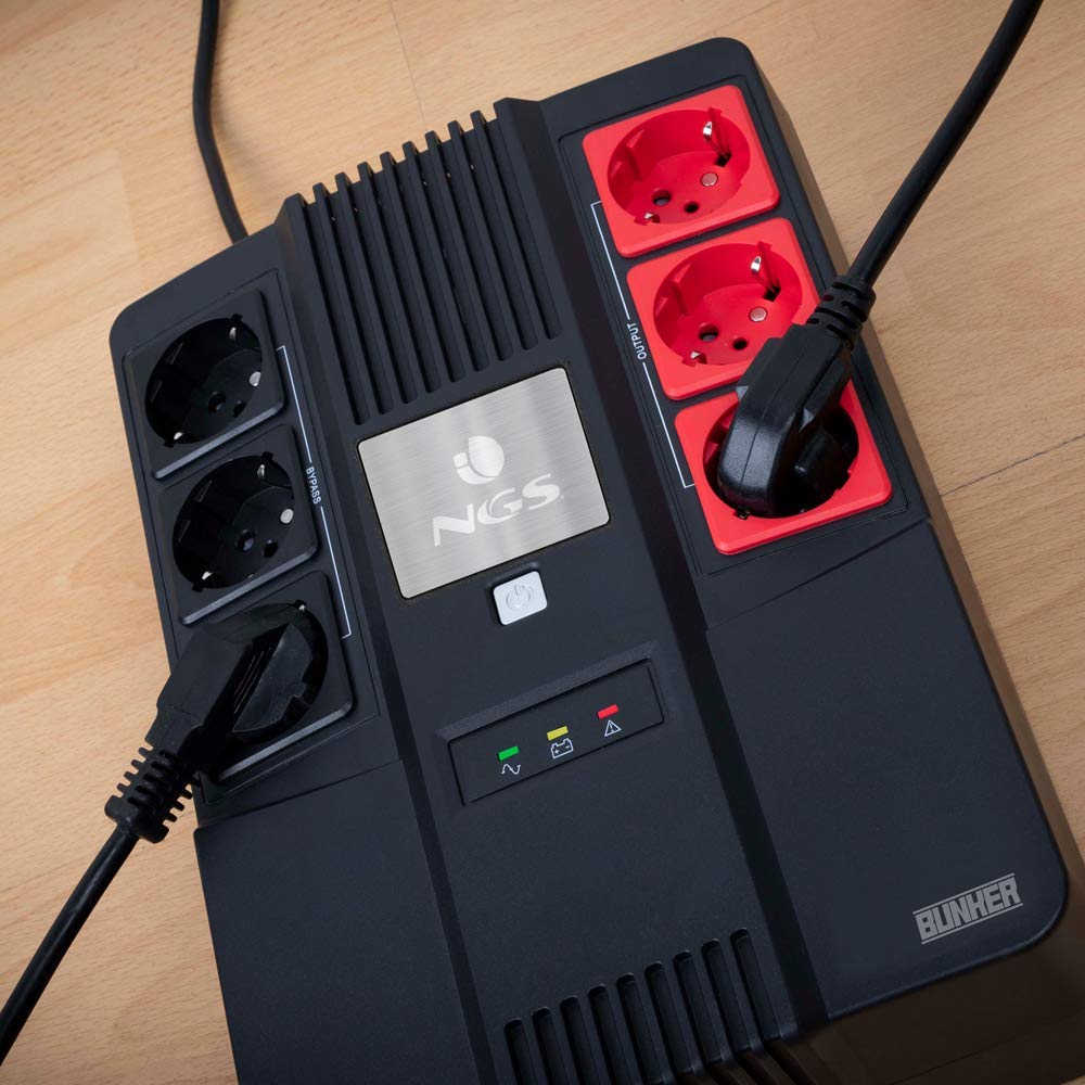 NGS FORTRESSBUNKER - Onduleur Hors Ligne SAI, Off Line UPS 600 VA 360W avec Batterie de Secours 12V/7Ah et 6 Prises Schuko avec Protection Contre Les Pics de Tension