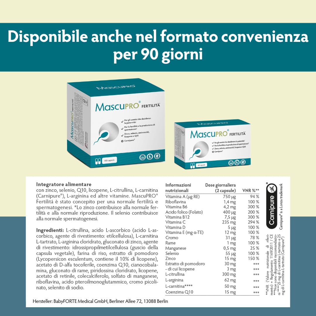 MascuPRO® Fertilitá - Produzione di spermatozoi - 180 Capsule per la fertilità maschile - L-carnitina, Zinco