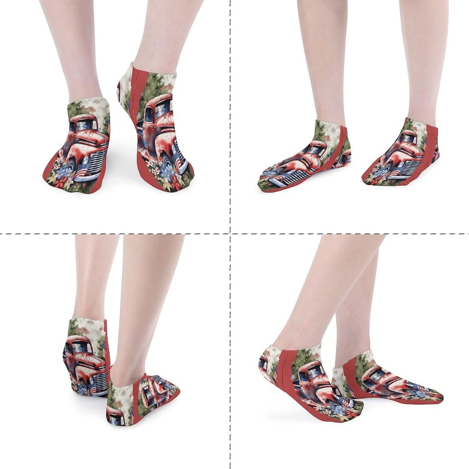 Socks for Men Women 5 Pairs Short Ankle Socks | 4th Of July Patriotic Old Red Truck Low Cut Casual Crew Sock Cute Breathable Athletic Socks Non Slip No Show Sock