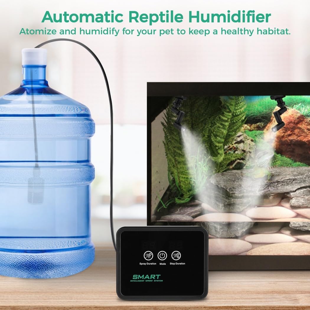 Reptile Humidifier with Smart Timing, 360° Rotatable Misting Nozzles for Terrariums, Automatic Water Spray System with Led Touch Display