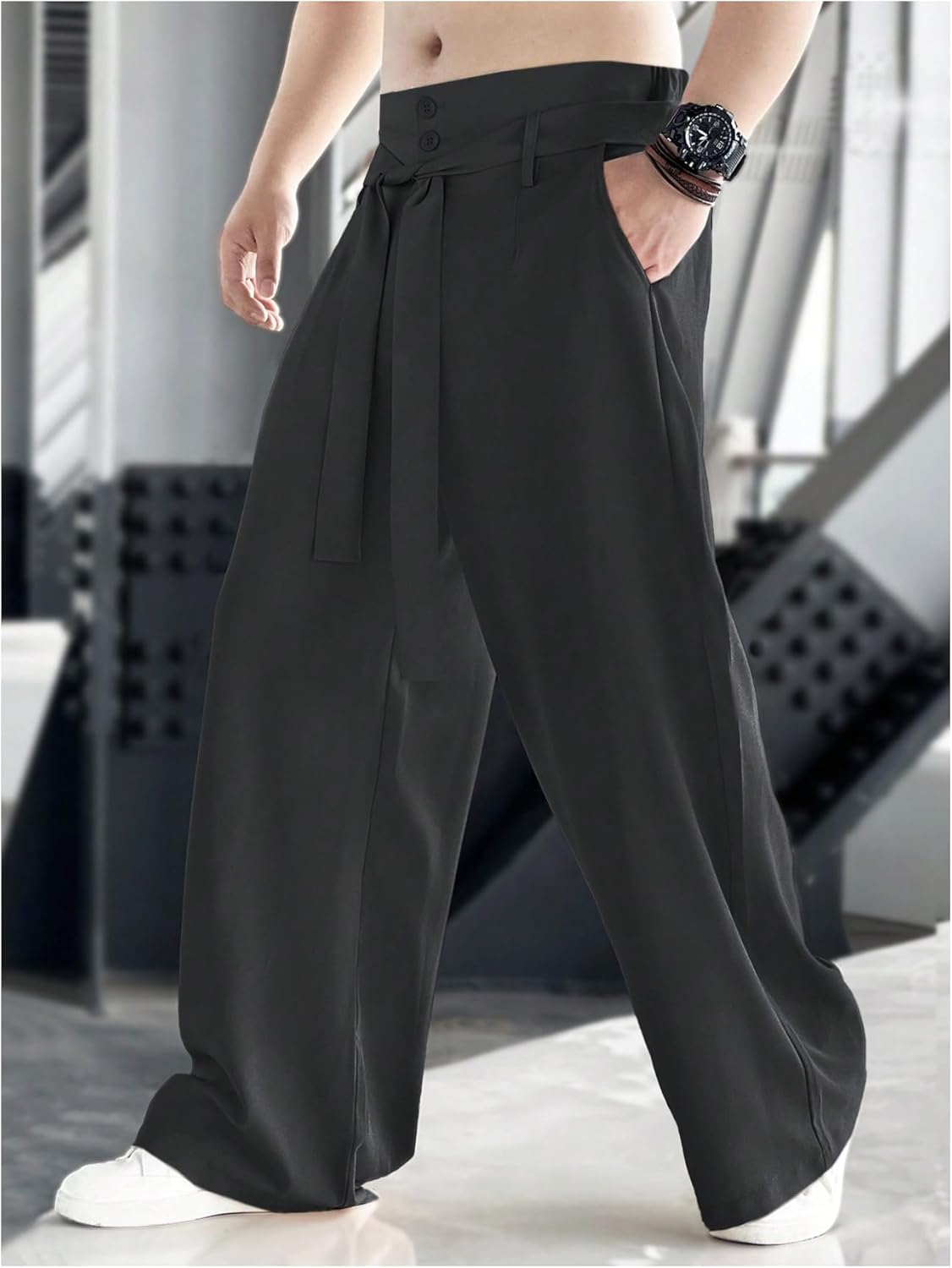 GORGLITTER Men's Casual Wide Leg Pleated Dress Pants Elastic High Waisted Baggy Streetwear Trousers Business Casual - Image 4