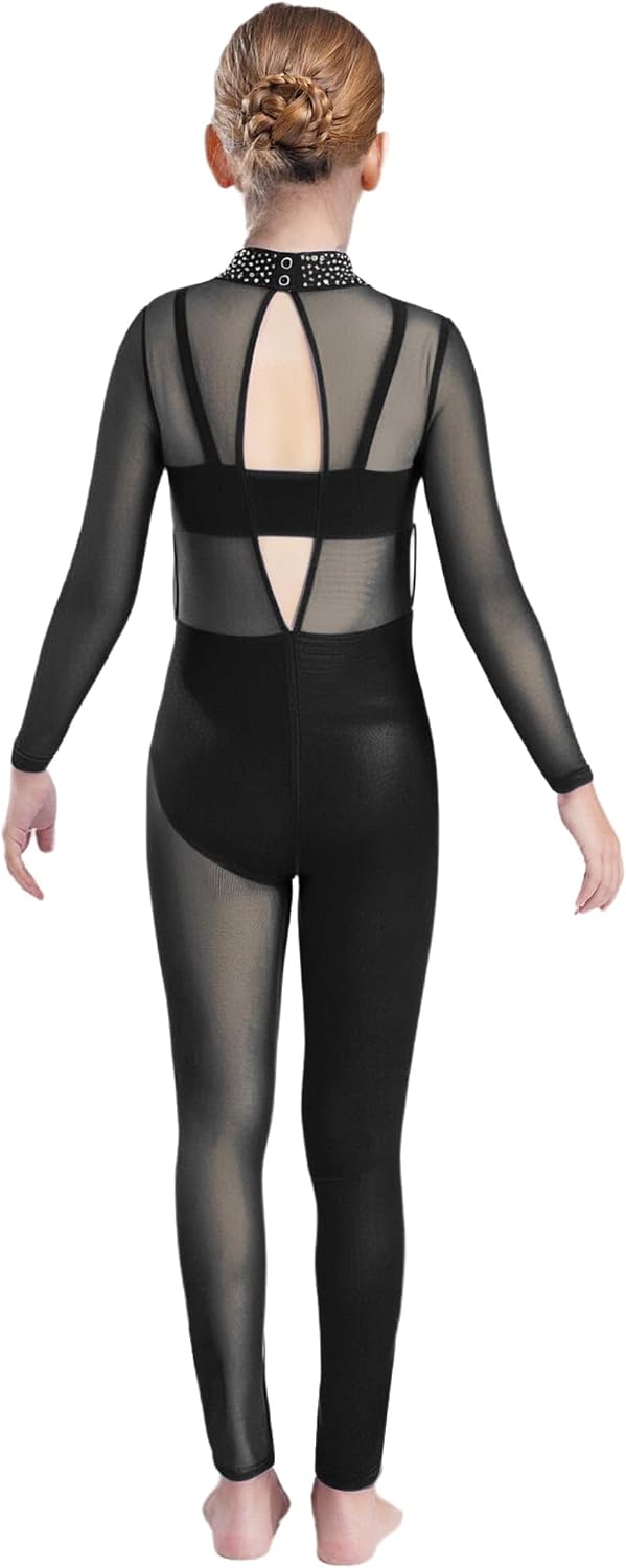 Kids Girls Full Body Dance Unitard Long Sleeve Sparkly Gymnastics Ballet Leotard Skating Jumpsuit