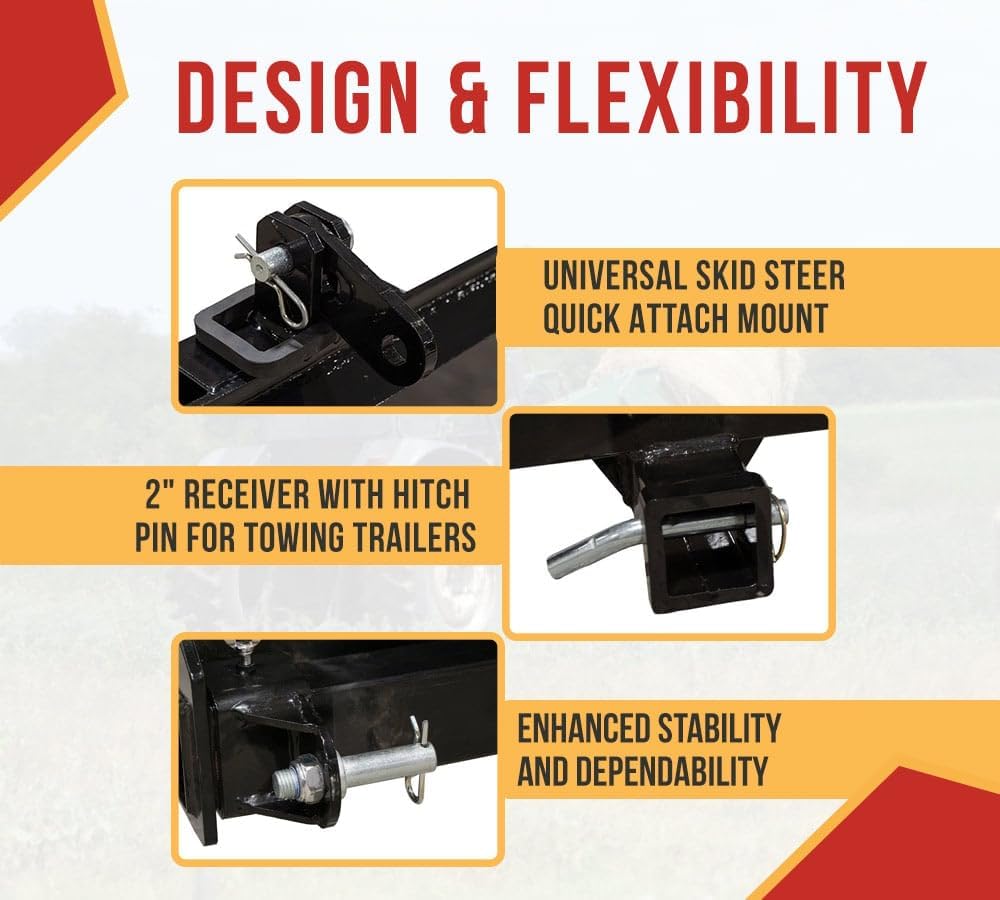 Mytee Products Skid Steer 3 Point Adapter Plate with 2" Trailer Hitch Receiver - Universal Quick Attach Mount with Adjustable Lift Arms 8" to 43" for Loaders & Tractors, Front Attachment