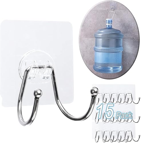 Paquete de 15 ganchos grandes de pared adhesivos dobles, sin daños, impermeables, de 33 libras máximo, resistentes, para colgar, transparentes, sin