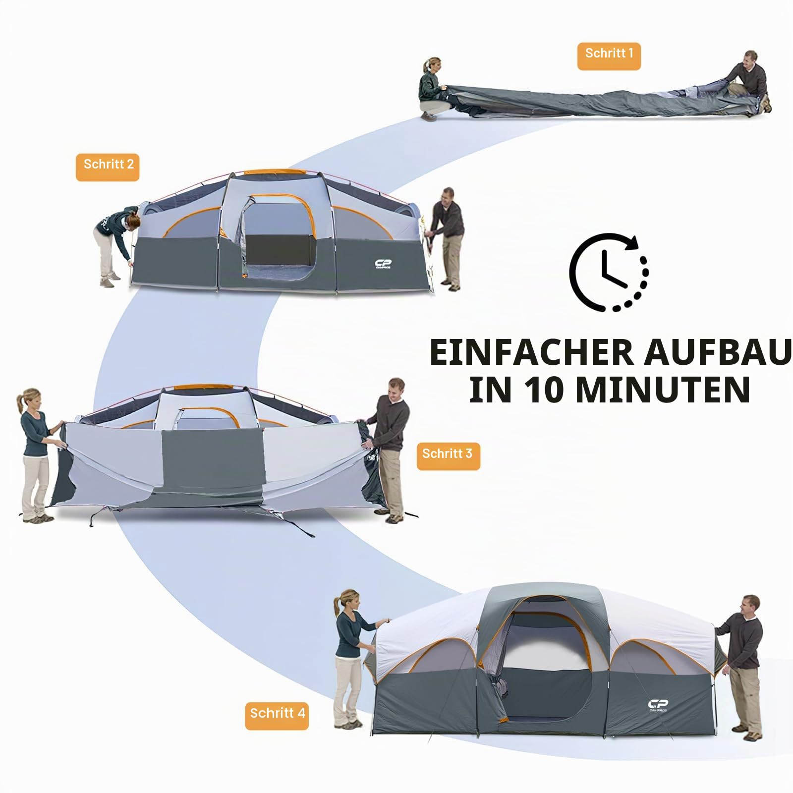 CAMPROS CP Camping Zelt 6-8 Personen, großes Familienzelt 427 x 274 x 183 cm, 2 Räume mit Trennwand, Stehhöhe, schneller Aufbau in 5 Minuten, Gute Belüftung, Outdoor Zelt für Familie
