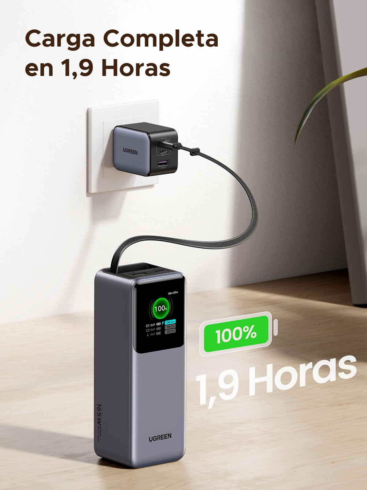 UGREEN Nexode Pro 165W Power Bank 20000mAh Batería Externa USB C PD 100W | Carga Rápida, 3 EN 1, Cable Rétractable, 2 Puertos 1C1A, Pantalla TFT, Cargador PC, Compatible con iPhone 17 16 15 Galaxy S26