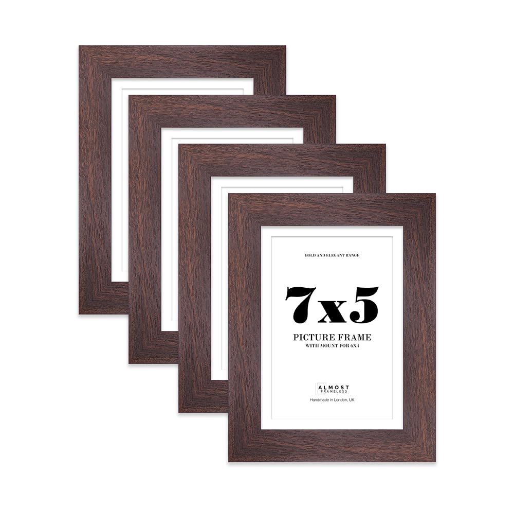 7x5" Walnut Frame With Mount for 6x4" Pictures 28mm Edge Portrait and Landscape Display with Wall Hooks and Kickstand, 4 Pack