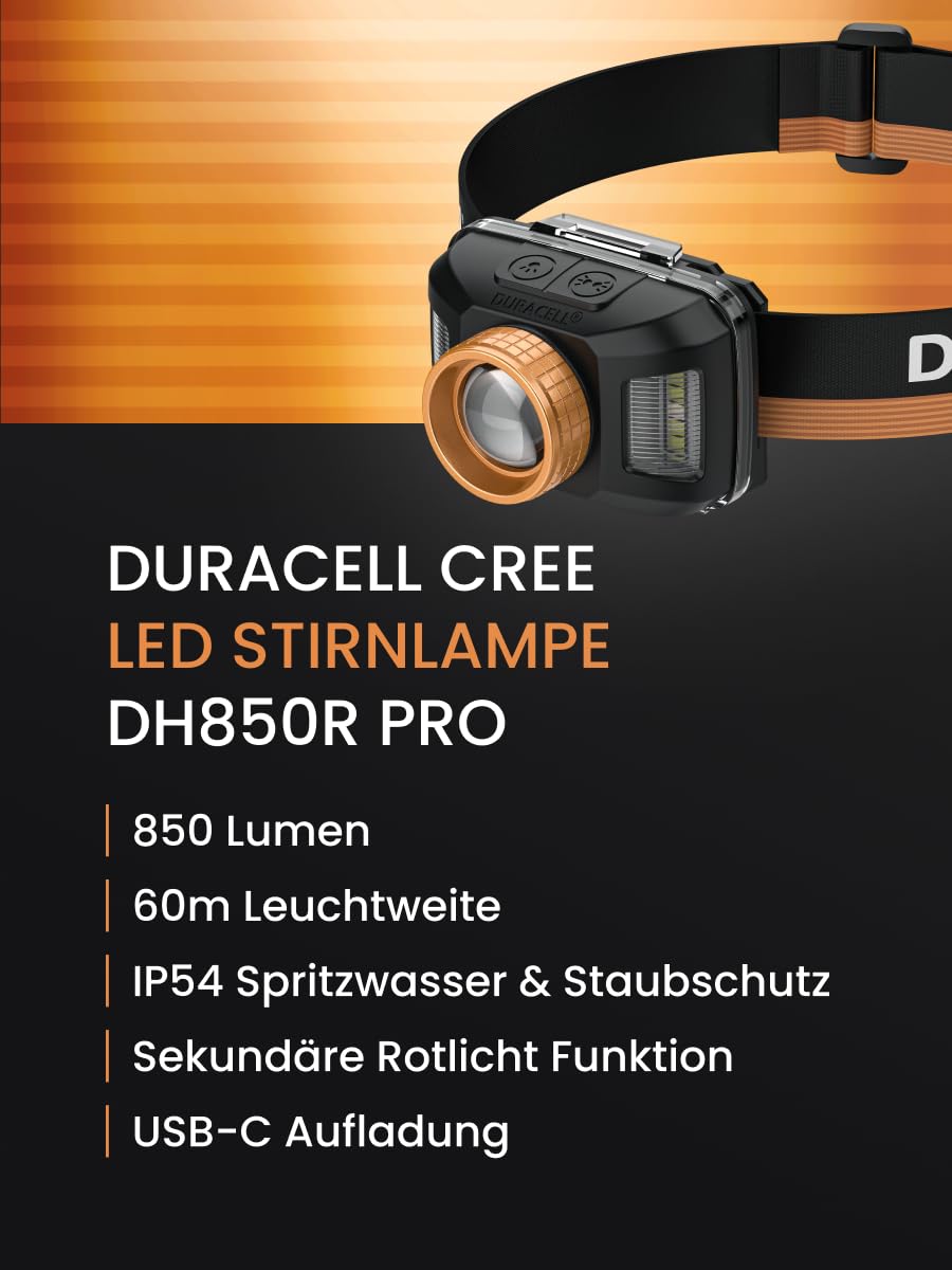 Duracell Lampada frontale a LED DH850R Pro – 850 lumen, focalizzabile, 50 m, funzione luce rossa, DualPower, USB-C ricaricabile, batteria al litio, diverse modalità di illuminazione, confezione regalo